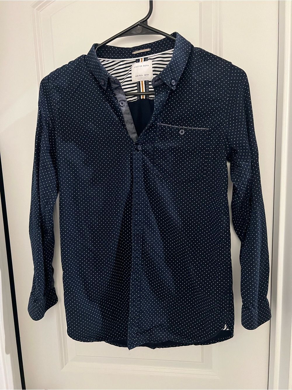 Cactus Boys Navy Blue Polka Dot Button-Up Shirt Size 13/14 Long Sleeve